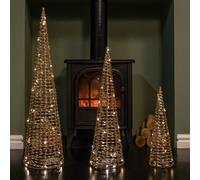 Set of 3 Gold Glitter Twist Christmas Cone Trees with 90 Warm White LEDs