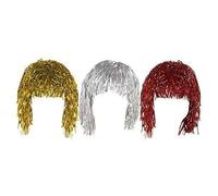 Set of 3 Gold Silver & Red Adult Fancy Dress Shiny Metallic Foil Tinsel Wigs Costume Accessory