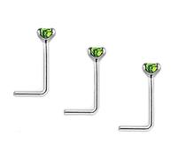 SET OF 3, GREEN Crystal L SHAPE Nose Studs STERLING SILVER Thin 0.6mm Bar CHOOSE CRYSTAL SIZE (Light Green, 2.5mm)