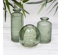 Set of 3 Green Vintage Glass Ribbed Bottle Flower Display Bud Vases