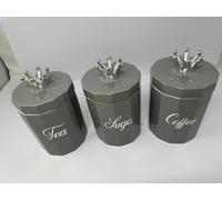 Set of 3 Grey Ceramic Tea,Coffee,Sugar Canister, Piece Storage Jars with Silver Crown Lids, Diamante Sparkle Design, Luxury Countertop Containers -11x15cm