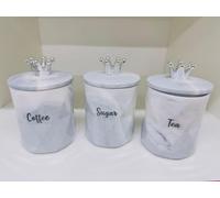 Set of 3 Grey Coffee, Tea & Sugar Canister Crown Lid Ceramic Marble Effect Storage Jars with Silver Crown Lids - Stylish Kitchen Canisters for Modern & Traditional Homes 15x10cm