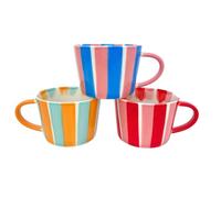Set of 3 Hand Painted Candy Stripe Mugs 300ml Fine China Tea Coffee Cups