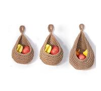 Set of 3 Hanging Fruit Baskets for Kitchen Wall - Woven Storage Bin Decor with Hooks - Ideal for Fruits, Vegetables, Potatoes, Onions - Space-Saving Organization for Your Home