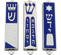 Set of 3 Jerusalem Mezuzah Case with Scroll for Door Ten Commandments Torah Crown Silver Tone Blue Israel Mezuza