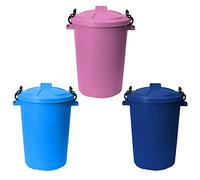 [Set of 3] Large 50 Litre Heavy Duty Plastic Clip Lock Lid Bin for Indoor or Outdoor Use, 50L Bin for Collection of Rubbish, Waste or Storage of Animal Feed - SkyBlue, Pink and Blue, Made in U.K.