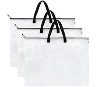 Set Of 3 Large Art Portfolio Storage Bags, Transparent Mesh Plastic, Zippered Closure With Drawstrings, Dual Black Handles, Perfect For Organizing Artworks, Sketchbooks, And Office Supplies