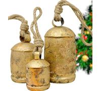 Set of 3 Large Christmas Bells Vintage Rustic Country Cowbells Decor Giant Harmony Metal Reindeer Decorative Hanging Bells for Wreath Ornaments XL Tibetan