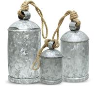 Set of 3 Large Galvanized Metal Hanging Bells with Jute Rope Rustic Farmhouse Wall, Porch & Garden Decor Handcrafted Vintage-Style Cowbells for Holiday Display, Outdoor Accents & Country