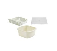 Set of 3 Large Plastic Kitchen Dish Drainer with Draining Mat & Washing Up Bowl (Cream)