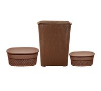 Set of 3-Laundry Basket with Lid and Handle- 65L Litre Rectangular with 4 Litre Small and 14 Litre Large Oval - Clothes Washing Bin Storage Hamper Small Organiser Ideal for Bathroom, Bedroom (Brown)
