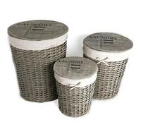 Set Of 3 Laundry Wicker Baskets With Lids - Hamper Washing Bin, Clothes Storage, Bedroom Multi Usage | Includes Lids & Liner | Classic Vintage Design