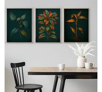 Set of 3 Leaf Illustrations with Dark Backdrop - A5 A4 A3 Art Posters Wall Art Modern Painting Prints for Home Office or Workspace Interior Decoration (A5 (210x148mm), High-resolution paper)