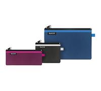 Set of 3 Leitz Wow 2-Pocket Pencil Cases, Nylon Zip, Washable, Ideal Plastic Wallet, Pencil Case and Storage Pouch - Assorted Colours, 40150099