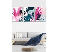 Set of 3 Light Grey Framed Abstract Pink and Blue Tropical Triptych Wall Art ARTZE Pink W33cm x H45cm x D20mm