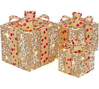 Set Of 3 Light-Up Christmas Gift Boxes With 50 Warm White Led Lights Battery-Powered Xmas Decor Gold Glitter & White Berry
