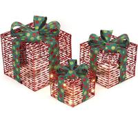 Set Of 3 Light-Up Christmas Gift Boxes With 50 Warm White Led Lights Battery-Powered Xmas Decor Red With Green Ribbon