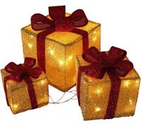 Set Of 3 Light Up Christmas Gold Parcels With Red Bow (025) - With Battery Powered Led Lights