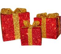 Set Of 3 Light Up Christmas Red Parcels With Gold Bow (023A)- With Battery Powered Led Lights