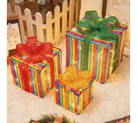 Set of 3 Light Up Present Boxes, Boxes Plush Xmas Decor, Battery Powered, Christmas Tree Decorations, Indoor Outdoor Porch Holiday Decor Warm light + color light A