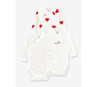 Set of 3 Long Sleeve Wrapover Bodysuits with Hearts in Organic Cotton for Newborn Babies, by Petit Bateau white light two color/multicol