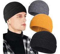 3 Pack Wool Fisherman Beanies for Men, Short Knit Watch Cap Cuffed Trawler Hats, #A-black, Gray, Yellow, One size