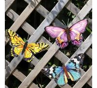 Set of 3 Metal Butterfly Wall Art, Hand Crafted Garden Ornament Gift Outdoor Present for Mum, 25cm x 15cm Pink Yellow Blue