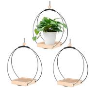 Set of 3 Metal Hanging Planter Holder, Ceiling Flower Pot Shelf Plant Hanger with Wood Base Multipurpose Hanging Floating Planter Shelf for Window, Balcony, Home/Office Decor (Black)