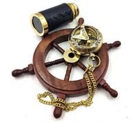 Set Of 3 Miniatures Brass Sundial Pocket Compass Nautical Teleascope Wood Ship Wheel Mini Nautical Gift Set