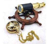 Set Of 3 Miniatures Brass Sundial Pocket Compass Nautical Teleascope Wood Ship Wheel Mini Nautical Gift Set