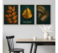 Set of 3 Modern Leaf Prints with Golden Shine - A5 A4 A3 Art Posters Wall Art Modern Painting Prints for Home Office or Workspace Interior Decoration (A3 (420x297mm), High-resolution paper)