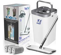 Set of 3 Mop and Bucket for Flat Floors - Separates Dirty and Clean Water - 3 Chamber Design - Hands Free Cleaning - 3 Reusable Microfiber Pads Included