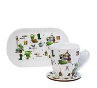 Set Of 3 Mug Coaster And Tray Green Fingers Garden Melamine Fine China Serving