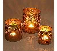 Set of 3 Navin Moroccan Lanterns, Metal in Antique Gold Look, 3 Round Candle Holders, Oriental Tea Light Holder Like from 1001 Night Ramadan Table Decoration WLS505