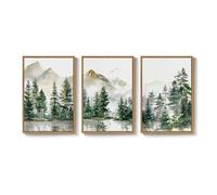 Set of 3 No Framed Forest Mountain Landscape Wall Art for Living Room, Green Pine Tree Canvas Artwork, Large Watercolor Nature Foggy Scenic Painting Print for Bedroom Office Wall Decor 20x28inch