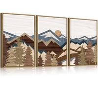Set of 3 No Framed Large Boho Mountain Canvas Wall Art,Woodcut Sun Forest Wall Decor,Vintage Mountain Artwork Abstract,Pine Tree Landscape Painting for Living Room Bedroom Office Gift 16x24inch