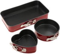 Set of 3 Non Stick Bakeware Set Cake Tins Set, Leakproof Springform Baking Tray, Heart Round Square Bake Tray, Kitchen Craft Baking Supplies (Red)