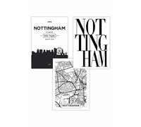 Set of 3 NOTTINGHAM Skyline Street Map City Prints Art Posters ARTZE Black W50cm x H70cm