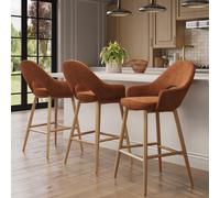 Set of 3 Oak and Burnt Orange Upholstered Kitchen Stools with Back - Colbie