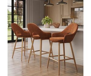 Set of 3 Oak and Burnt Orange Upholstered Kitchen Stools with Back - Colbie