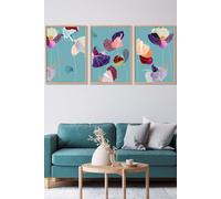 Set of 3 Oak Framed Graphical Colourful Spring Flowers Triptych Wall Art ARTZE Multi W33cm x H45cm x D20mm