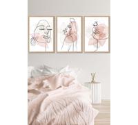 Set of 3 Oak Framed One Line Abstract Fashion Faces in Pink and Ivory Wall Art ARTZE Light Pink W33cm x H45cm x D20mm
