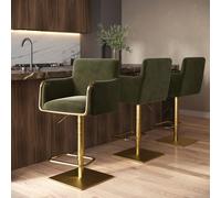 Set of 3 Olive Green Velvet Adjustable Swivel Bar Stools with Gold Base - Sonny