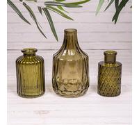 Set of 3 Olive Green Vintage Glass Ribbed Bottle Flower Display Bud Vases