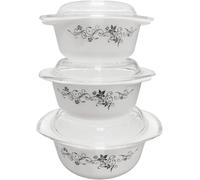 Set of 3 Opal Glass Round Casserole Dishes with Lid, , Freezer & Microwave Safe, Scratch & Thermal Shock Resistant, Easy-Grip Handles Serving Dishes (1 + 1.5 + 2.5 Litres) - Funel Black Floral