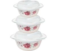 Set of 3 Opal Glass Round Casserole Dishes with Lid, , Freezer & Microwave Safe, Scratch & Thermal Shock Resistant, Easy-Grip Handles Serving Dishes (1 + 1.5 + 2.5 Litres) (Rose Flower Print)