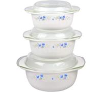 Set of 3 Opal Glass Round Casserole Dishes with Lid, , Freezer & Microwave Safe, Scratch & Thermal Shock Resistant, Easy-Grip Handles Serving Dishes (1 + 1.5 + 2.5 Litres) (Romania Blue Floral)