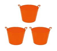 (SET OF 3) - ORANGE 42L Litre Robust Versatile Multipurpose LARGE Flexi Tub Plastic Toy Storage Bucket Tub Trugs Animal Feeding Tub Or Laundry Basket - Made In UK