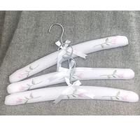 Set of 3 Padded Coat Hangers ~ Luxury Padded Cotton Clothes Hangers with Delicate Rose Embroidery Detail ~ and Cotton Drawstring Bag (Pink Rose)