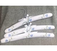 Set of 3 Padded Coat Hangers ~ Luxury Padded Cotton Clothes Hangers with Delicate Rose Embroidery Detail ~ and Cotton Drawstring Bag (Blue Rose)